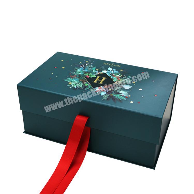 Green Foldable Rigid Paper Box with Ribbon