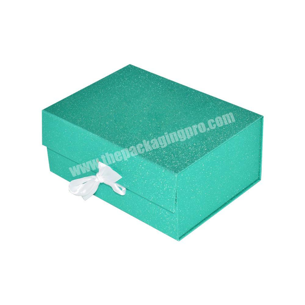 Green OEM printing christmas Glitter Paper Cardboard Gift Box with Ribbon