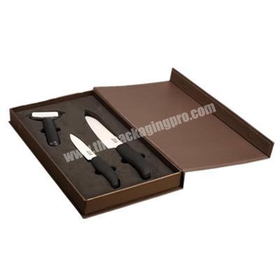 Guangdong factory cutlery rigid foam EVA black UV Varnish custom glossy logo knife and fork paper box.