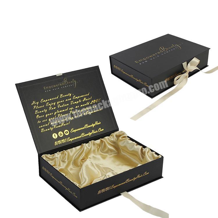 Hair Extension Cardboard Gift Box with Satin Wigs Black Magnetic Flip Makeup Box Packaging for Christmas Tea Clothes