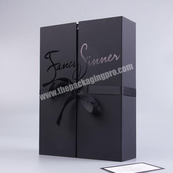 Hand Made High-End Black Print Logo Paper Flat Folding Wine Gift Boxes