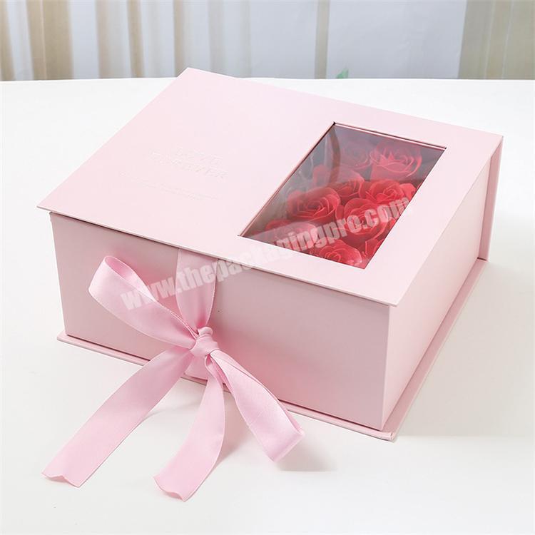 Handmade Custom Clear Square Gift Rose Flowers Cube Packaging Paper Cardboard Boxes with Ribbon Handle
