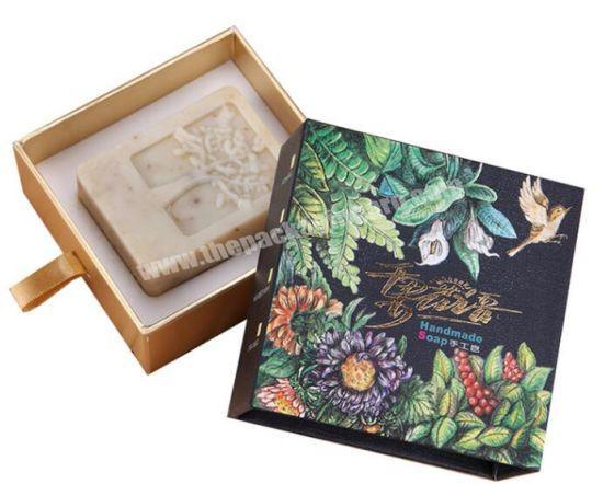 Handmade Drawer Sliding Printing Flower Kraft Paper Box For Soap With Ribbon