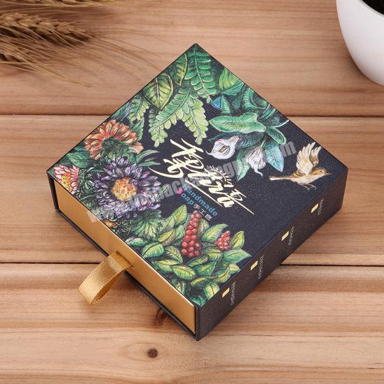 Handmade Drawer Sliding Printing Flower Kraft Paper Box for Soap with Ribbon