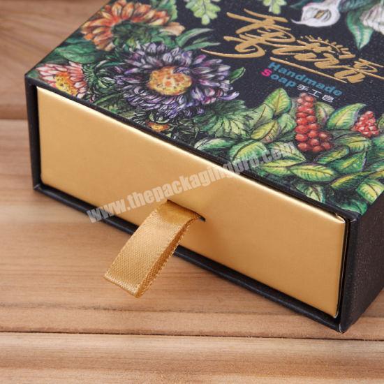 Handmade Drawer Sliding Printing Flower Kraft Paper Box for Soap with Ribbon