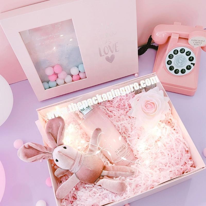 Hard cardboard Christmas gift pink packaging boxes with fixed ribbon