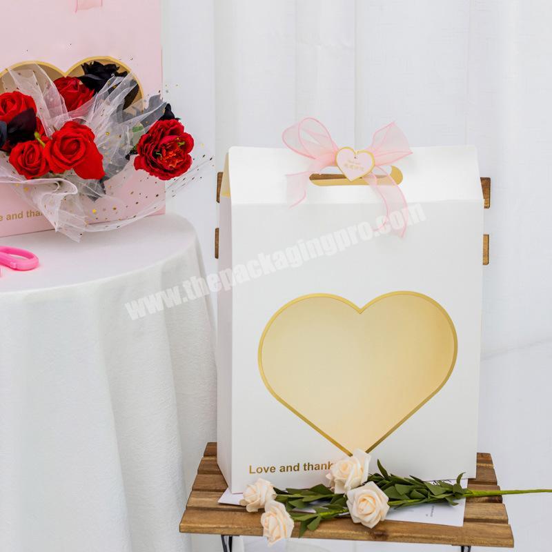 heart-shape clear window flower paper packaging  with carry -handle