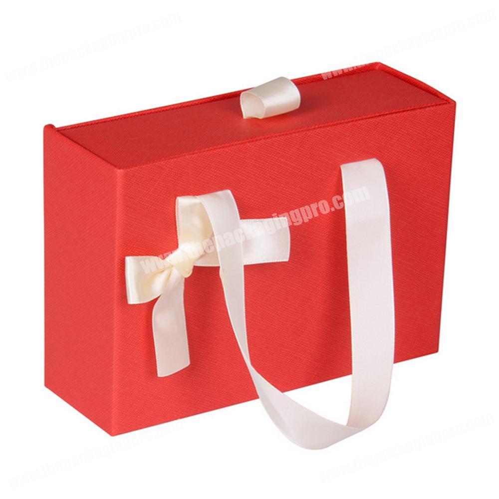 High end red paper white bowknot cloth  packaging drawer boxes gift ribbon handle gift packaging boxes
