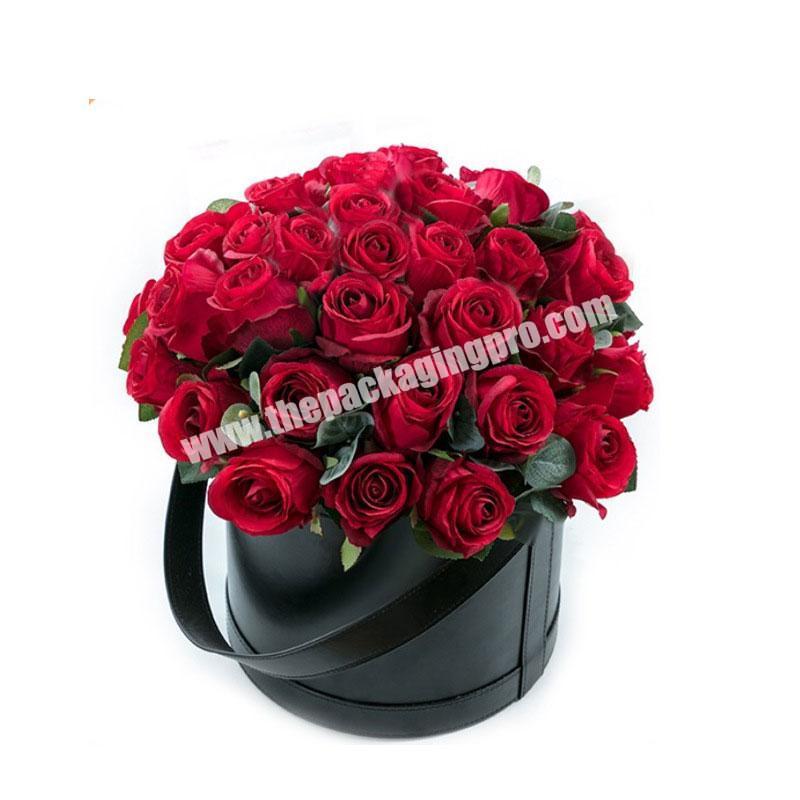 High-grade leather round flower rose box portable hug bucket flower shop gift custom packaging box
