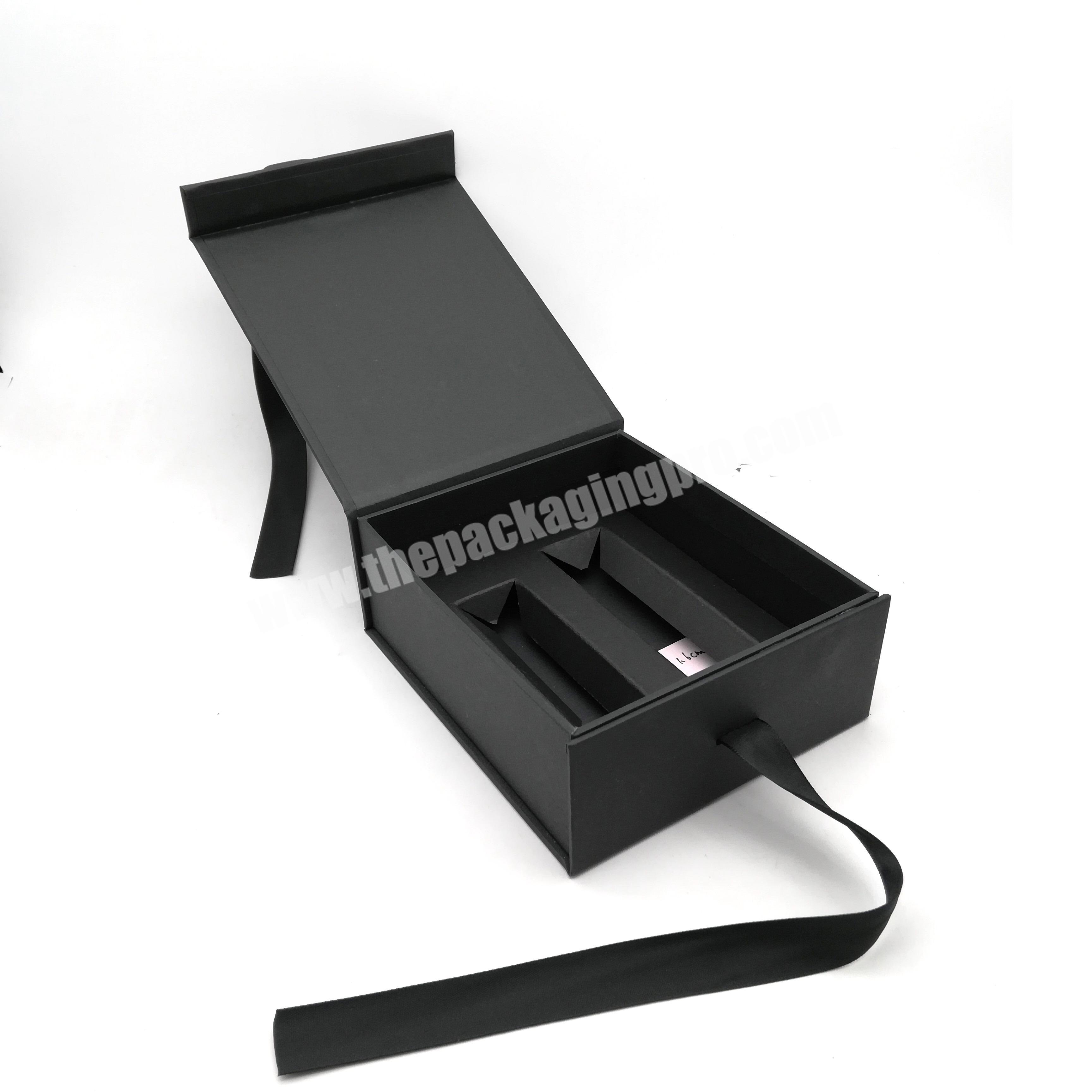 High quality cardboard black foldable packaging box gift box with ribbon and insert