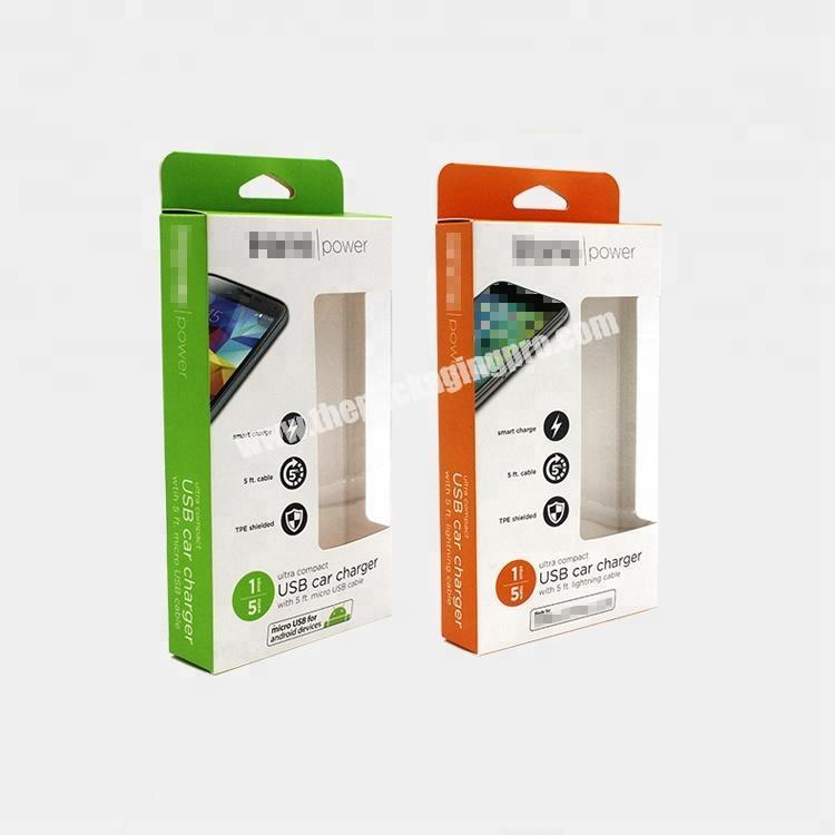 High quality custom hanging mobile phone usb car charger packaging box with clear window