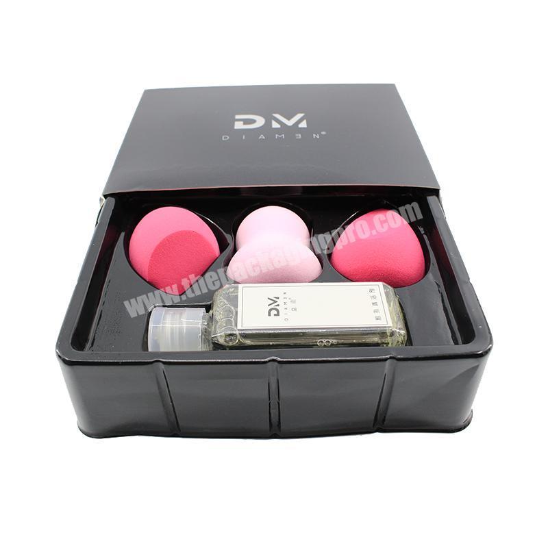 High quality customized black powder blusher sliding box square cosmetic beauty blender drawer box with plastic inserts