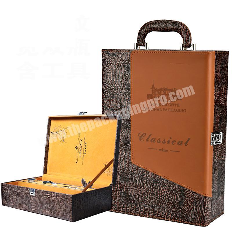 High Quality double Color lattice pattern wholesale custom leather red wine bottle packaging  gift box with accessories