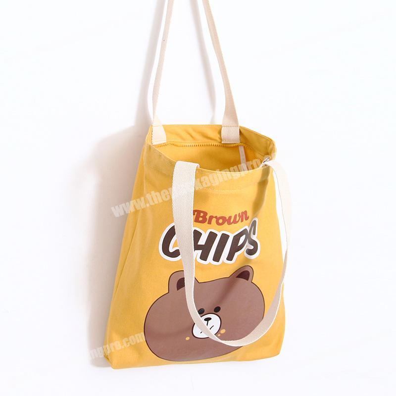 High quality eco-friendly cute cartoon printed cotton foldable zipper shoulder bag for kids