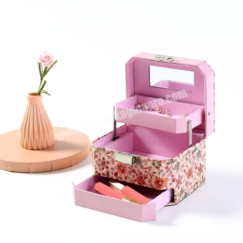 high quality pink Pu Leather Organizer two layer Display pro table jewelry drawer Packing Gift Box for earring necklace