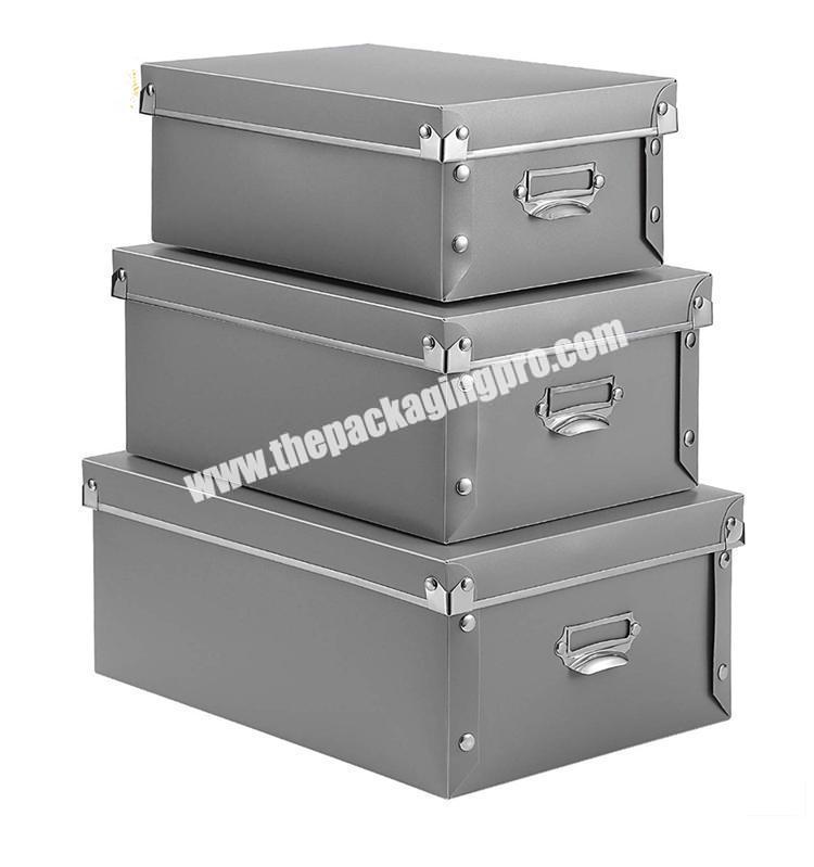Hot sale home organizer rectangle gray book snack clothes storage box with metal handle