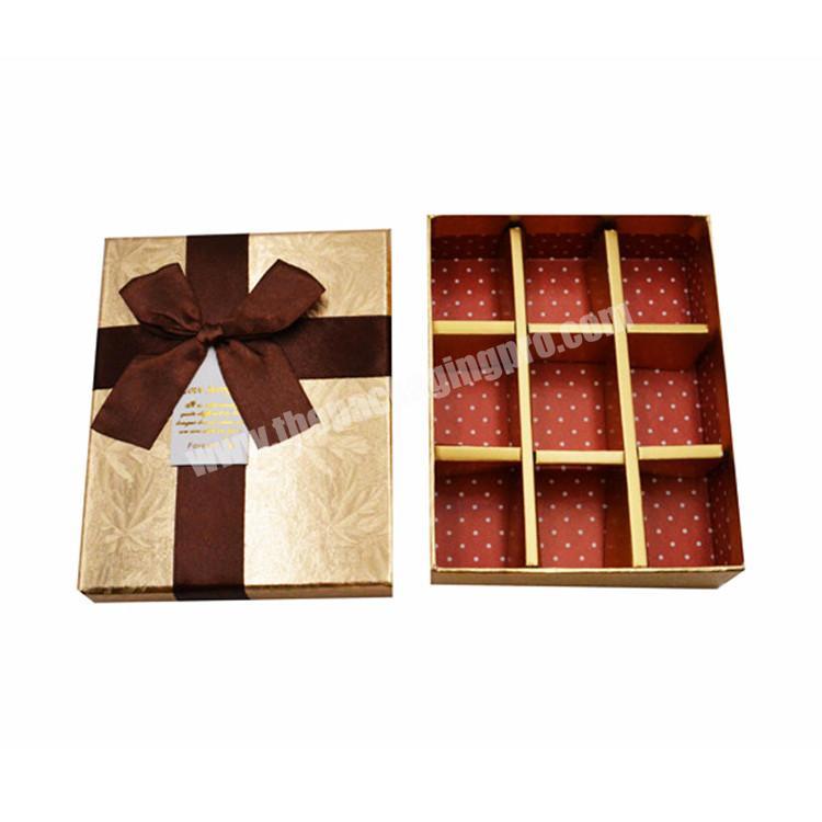 Hot sale recycle gift packaging paper box tray inside food lid and base chocolate box gold hot stamping with ribbon