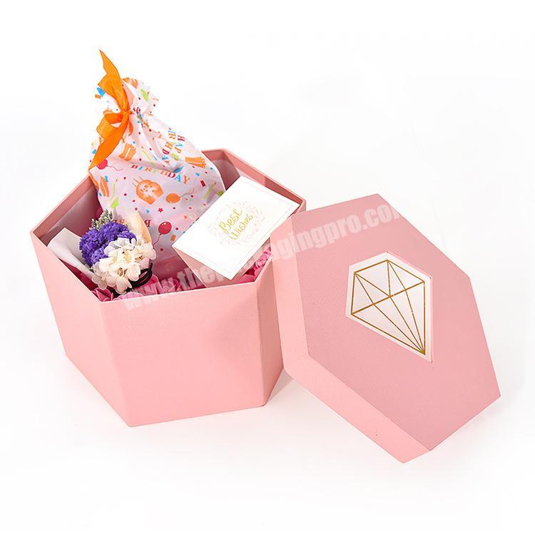 Hot Sale Special Lid and Base Fresh Huge Hexagonal Pink Wedding Perfume Candy Gift Packing Boxes with PVC Clear Window