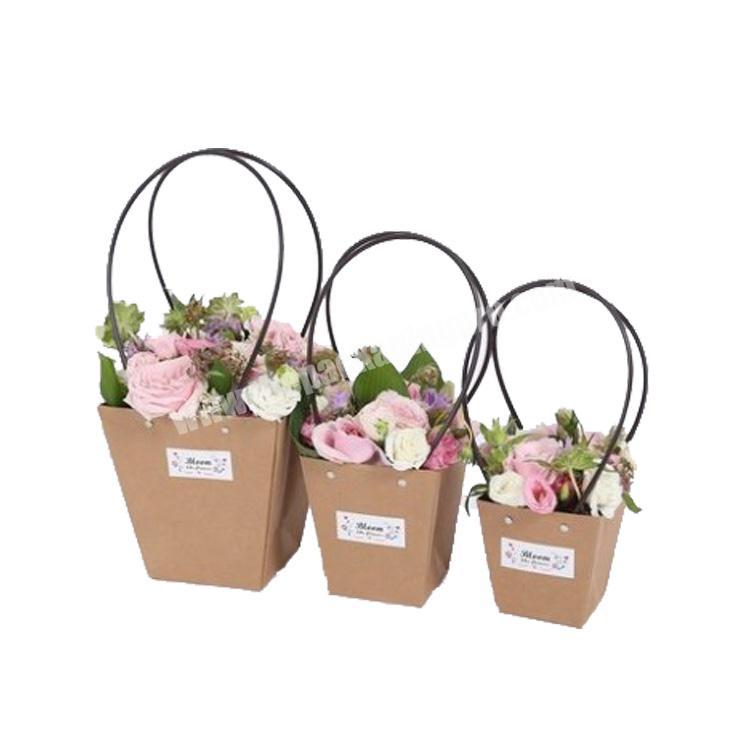 Hot sale square printed kraft paper flower box with handle