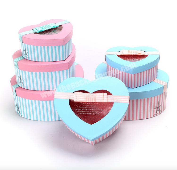 Hot Sale Wholesale Heart Box With Ribbon Pink Ribbon Decoration Gift Box Stripe Print Paper Box With Clear Lid
