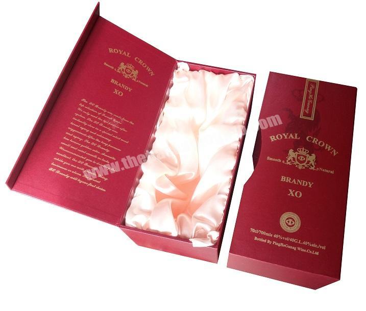 Hot Stamping Fancy Paper with Embossing Drawer Style Bookshape 70cl Wine Box with Satin and Styrofoam