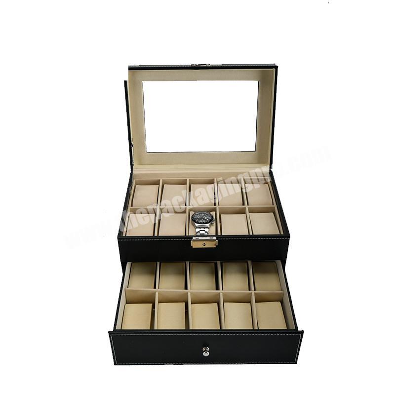 Large capacity 20 slots 2 layers display window luxury watch box high end leather gift box traveling watch storage case