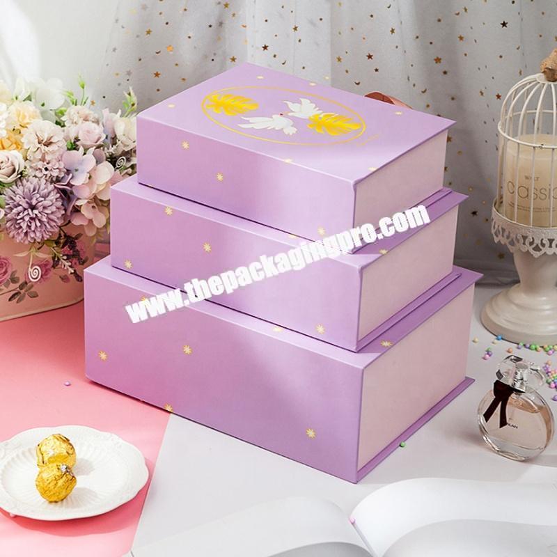 Large luxury custom foldable magnetic pink paper cardboard hamper gift box with ribbon