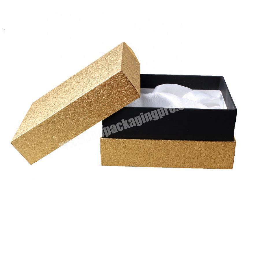 Laser gold glitter fancy customised cardboard  lid and base cosmetic paper gift packaging with white silk inlay