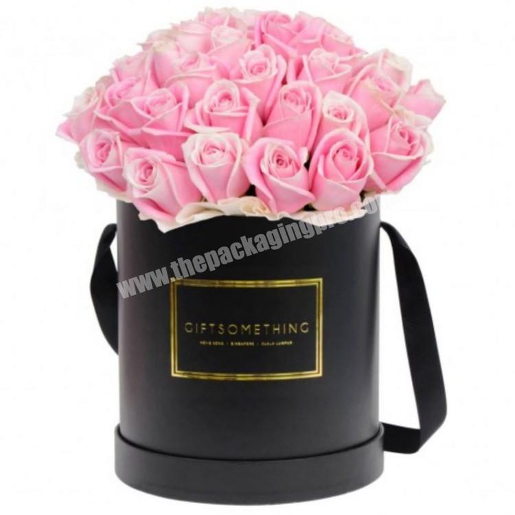 logo gold foiled custom hat round flower box with ribbon handle
