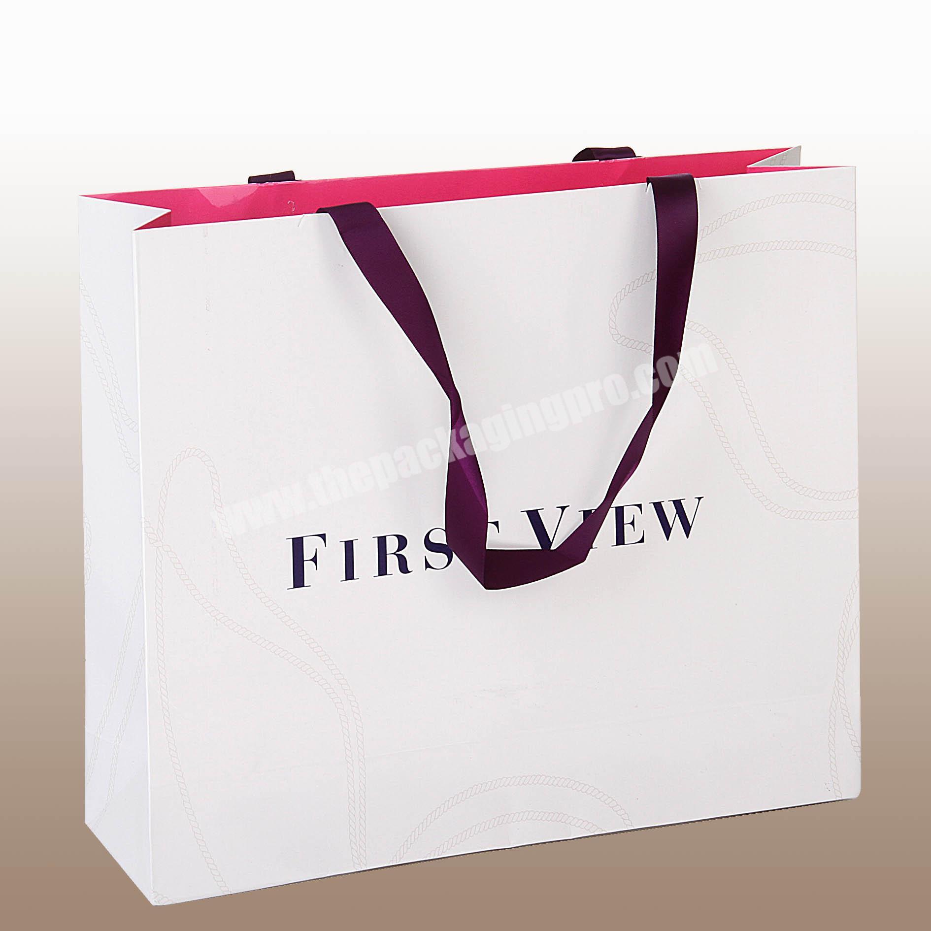 Logo Printed Art  Paper Shopping Packaging Bag  With Ribbon handle