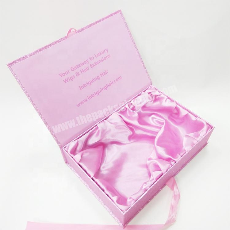 Logo stamping ribbon close custom pink glitter hair extension packaging storage boxes