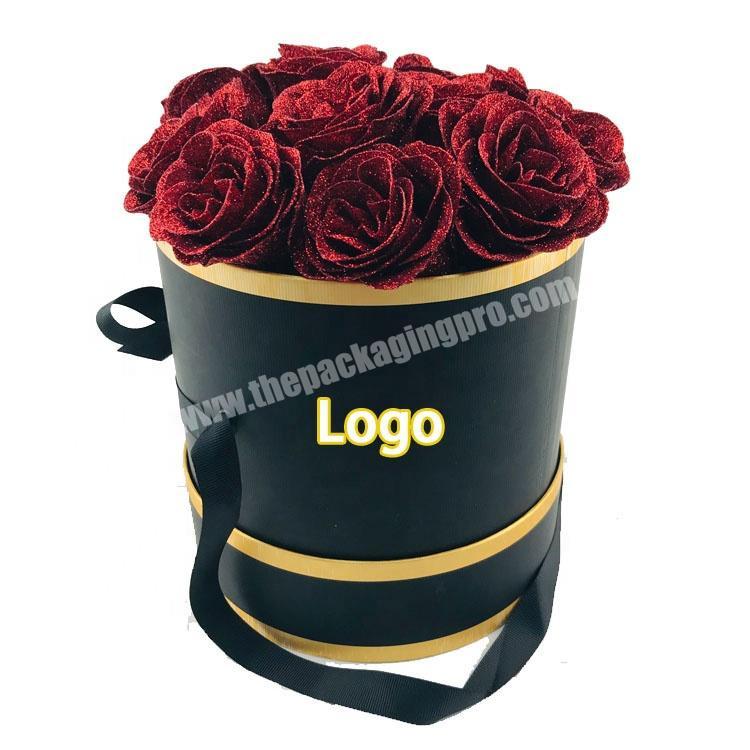 Luxury black embossing paper gold edge round rose box with ribbon handle bucket flower box