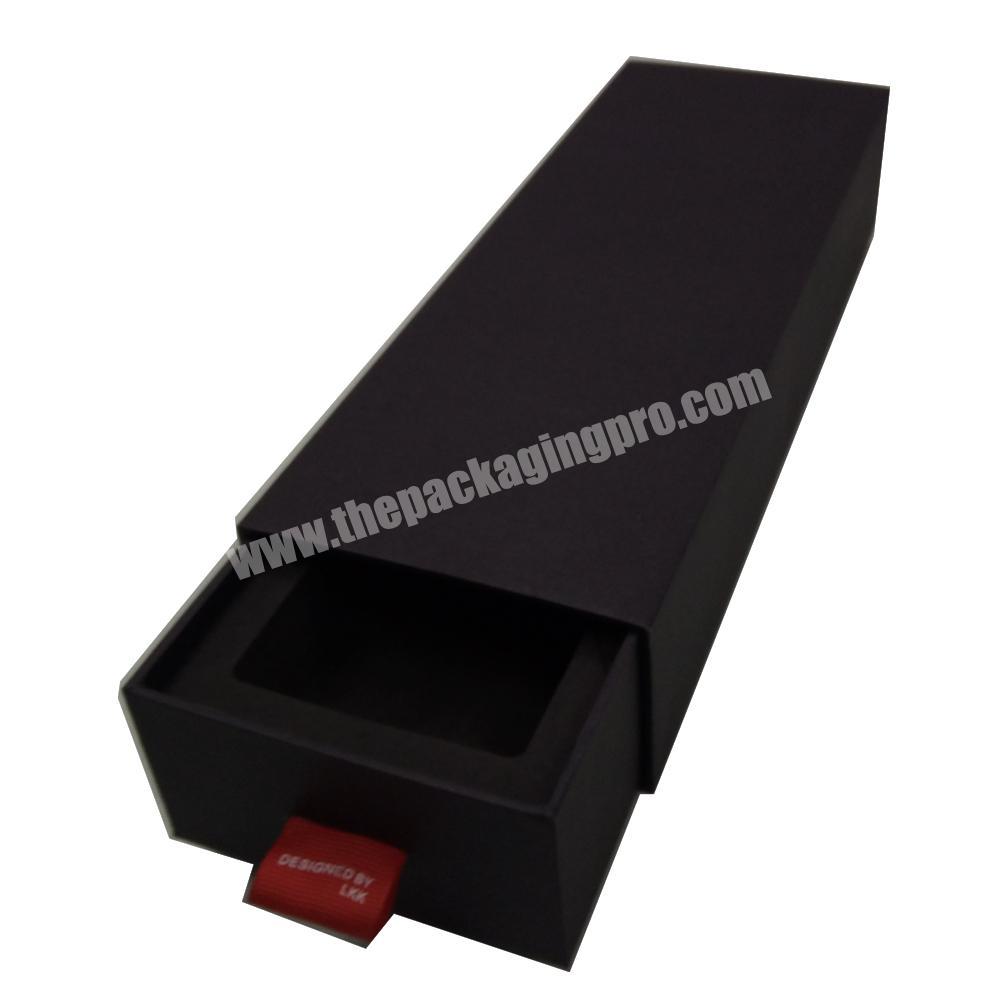 Luxury black fancy paper custom matte paper drawer box, black folding card box for gift