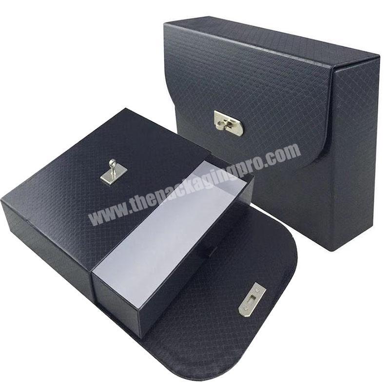 Luxury Black Gift Paper Box Keepsake Stationery Storage Box Square Shape Paper Drawer Storage Box With Metal Lock