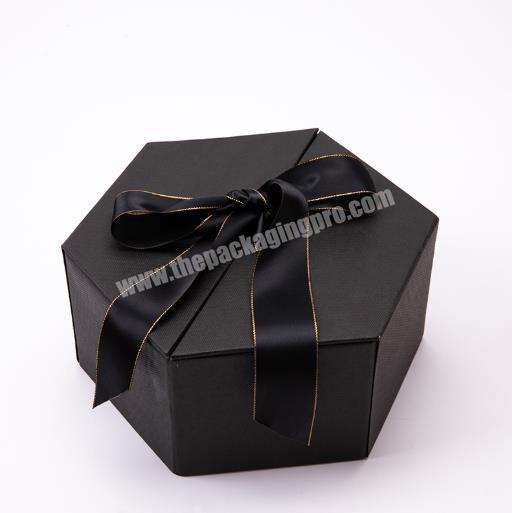 Luxury Black Hexagon Creative Custom Printing Packaging Gift Box with Ribbon