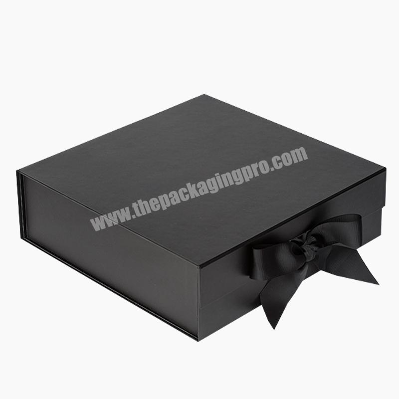 Luxury black medium foldable magnetic folding gift box with ribbon