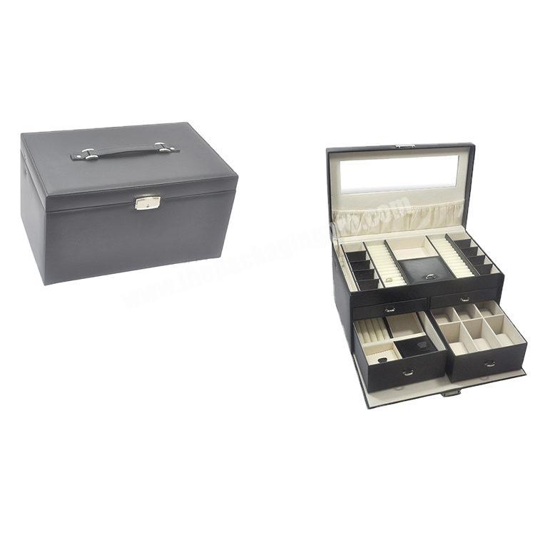 luxury black rigid earring necklace black wooden drawer  lady jewel box leather mirror storage jewelry box with mental lock