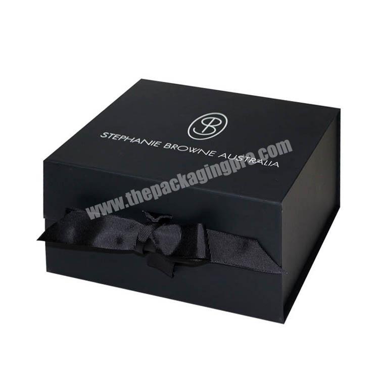 Luxury black rigid gift packaging folding box with ribbon tie