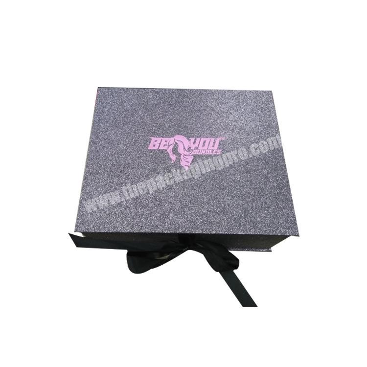 Luxury Custom Black Glitter Wig Hair Extension Packaging Box With Ribbon