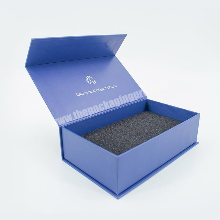 Luxury custom blue electronics packaging flip top cardboard  magnet gift box packaging with foam inserts