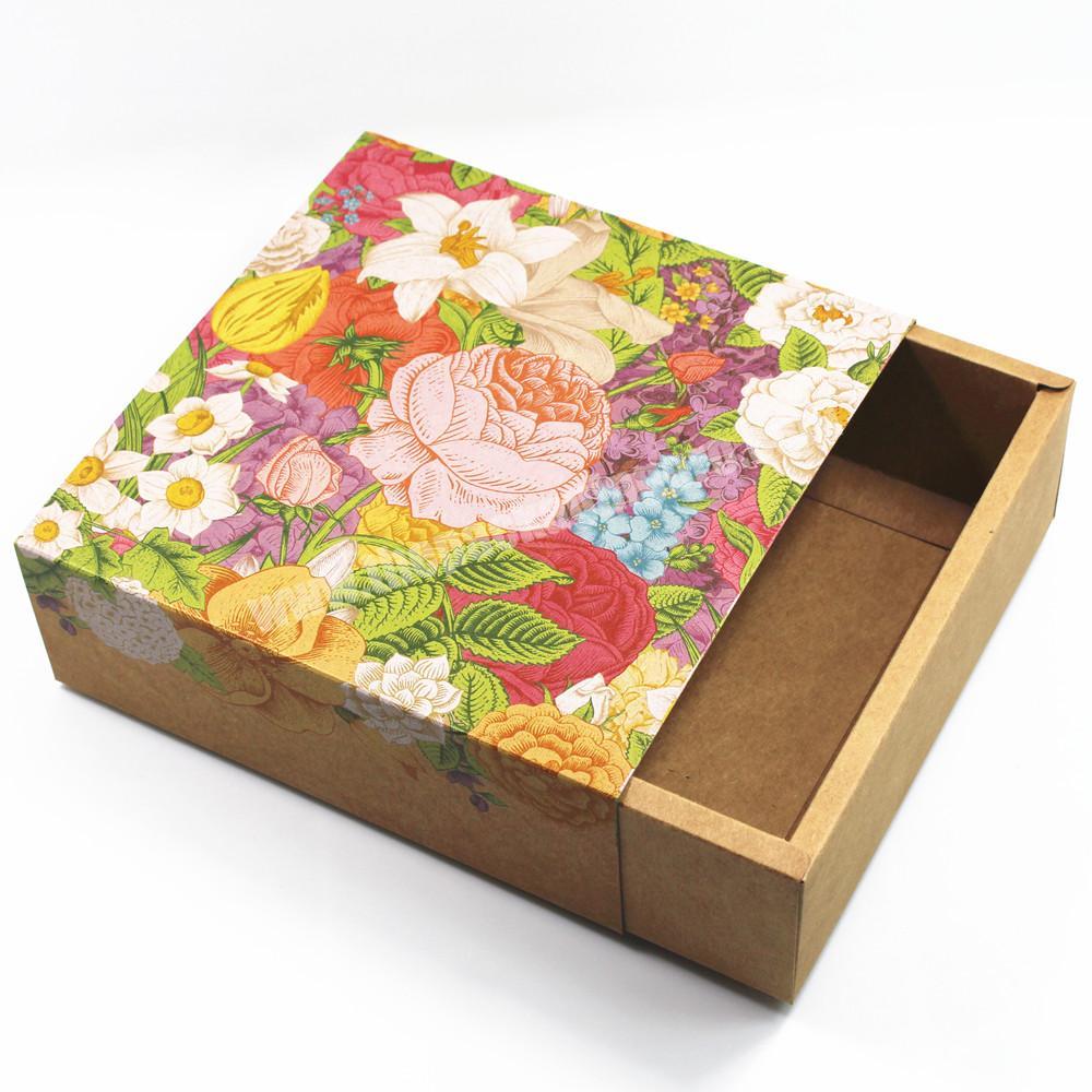 Luxury custom design floren printing sleeve slide drawer kraft brown paper box packaging