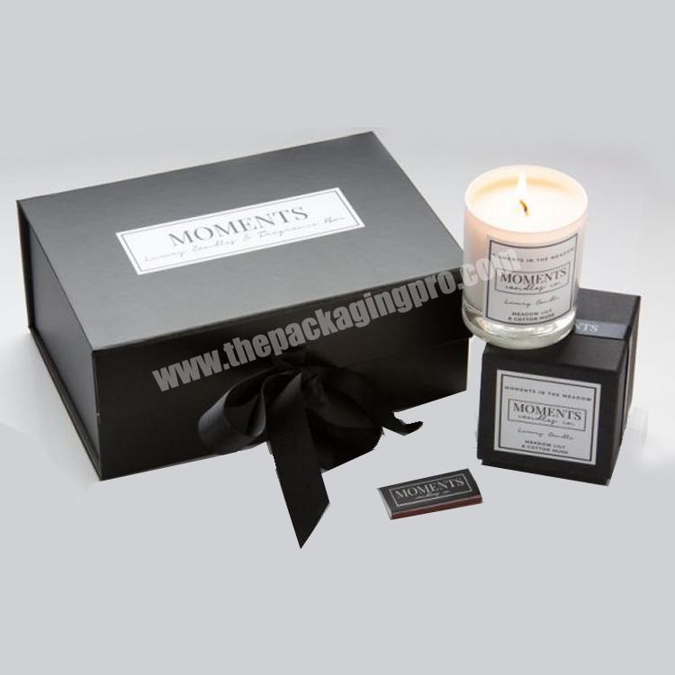 Luxury custom flip black ribbon custom cardboard rigid candle gift packaging box