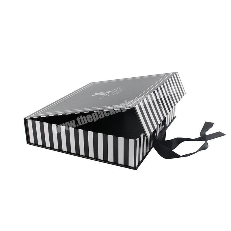 Luxury custom glossy black paper gift box magnetic hair extension packaging with ribbon