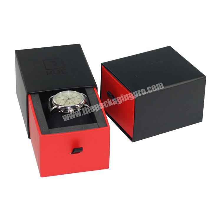 Luxury custom logo printed cardboard drawer structure matt black fancy paper gift watch box packaging