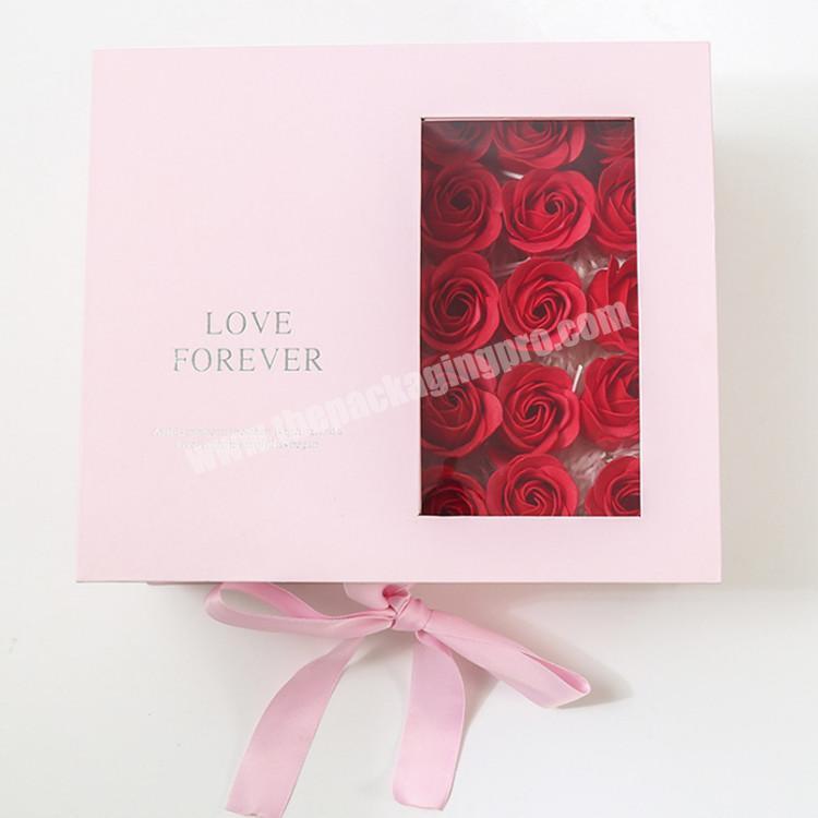 Luxury custom love gift cardboard pvc square paper rose flower packaging boxes with ribbon