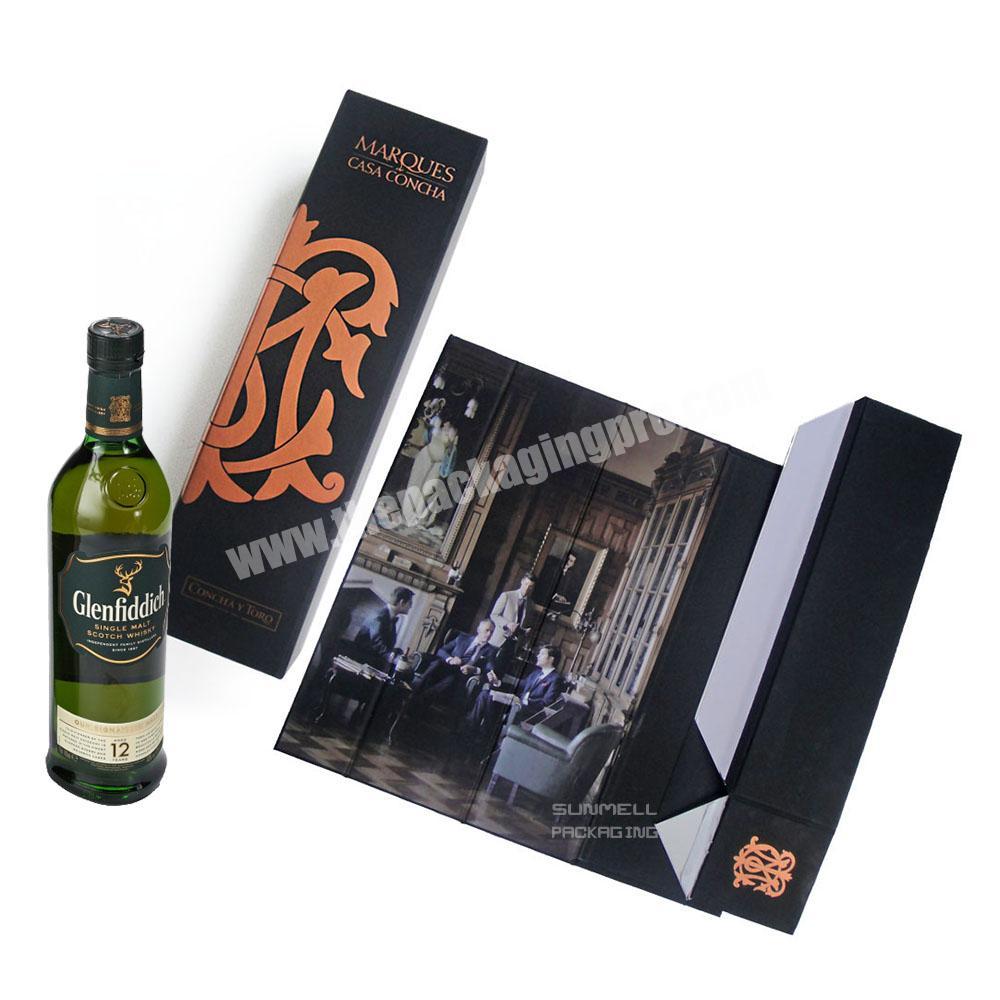 luxury custom matt black soft touch cardboard foldable wine gift box for single champagne bottle