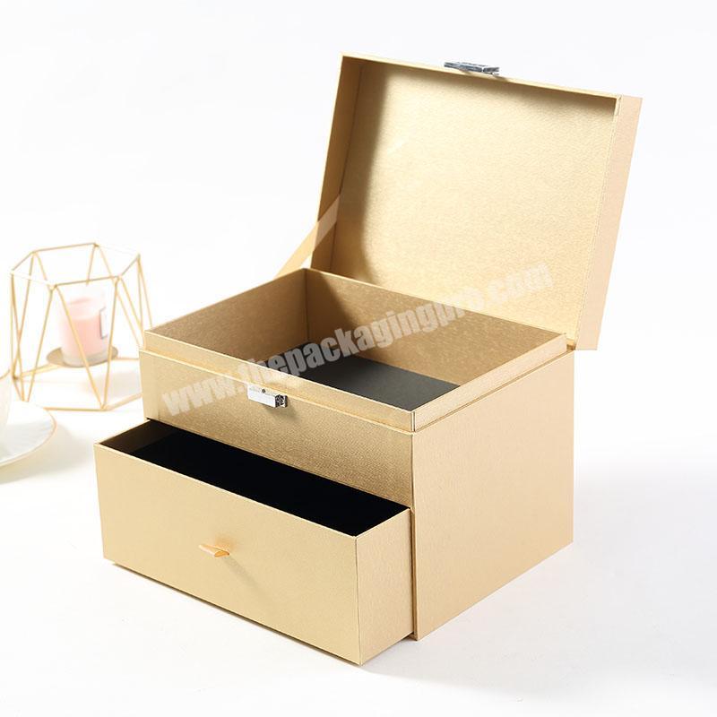 Luxury customized double layer drawer pink cosmetic  rigid special paper packaging box with mental lock for cosmetic