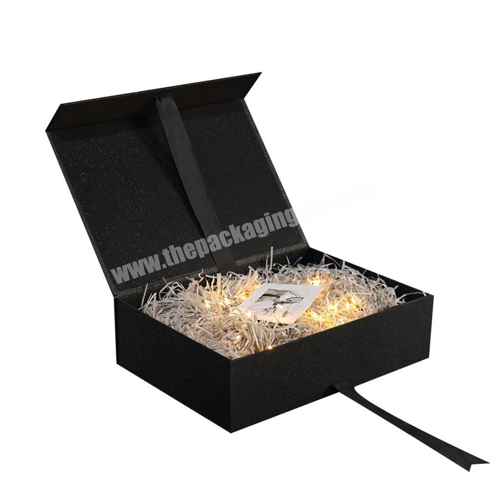 Luxury Empty Black Custom ClothesShoppingCosmetic Set Gift Foldable Paper Magnetic Cardboard Rigid Boxes With Ribbons