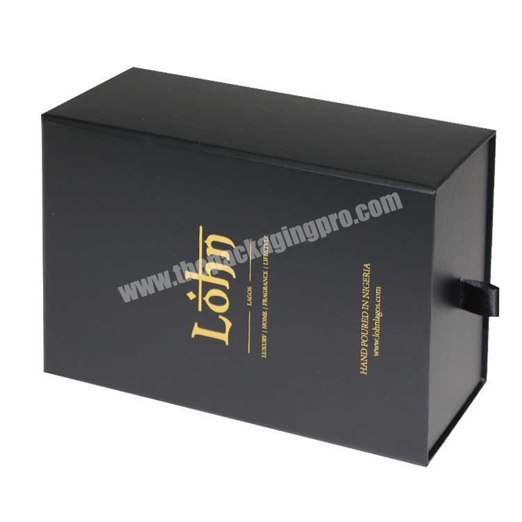 Luxury gold foil hot stamping logo black packaging box with interior paper tray custom paperdrawer box packaging