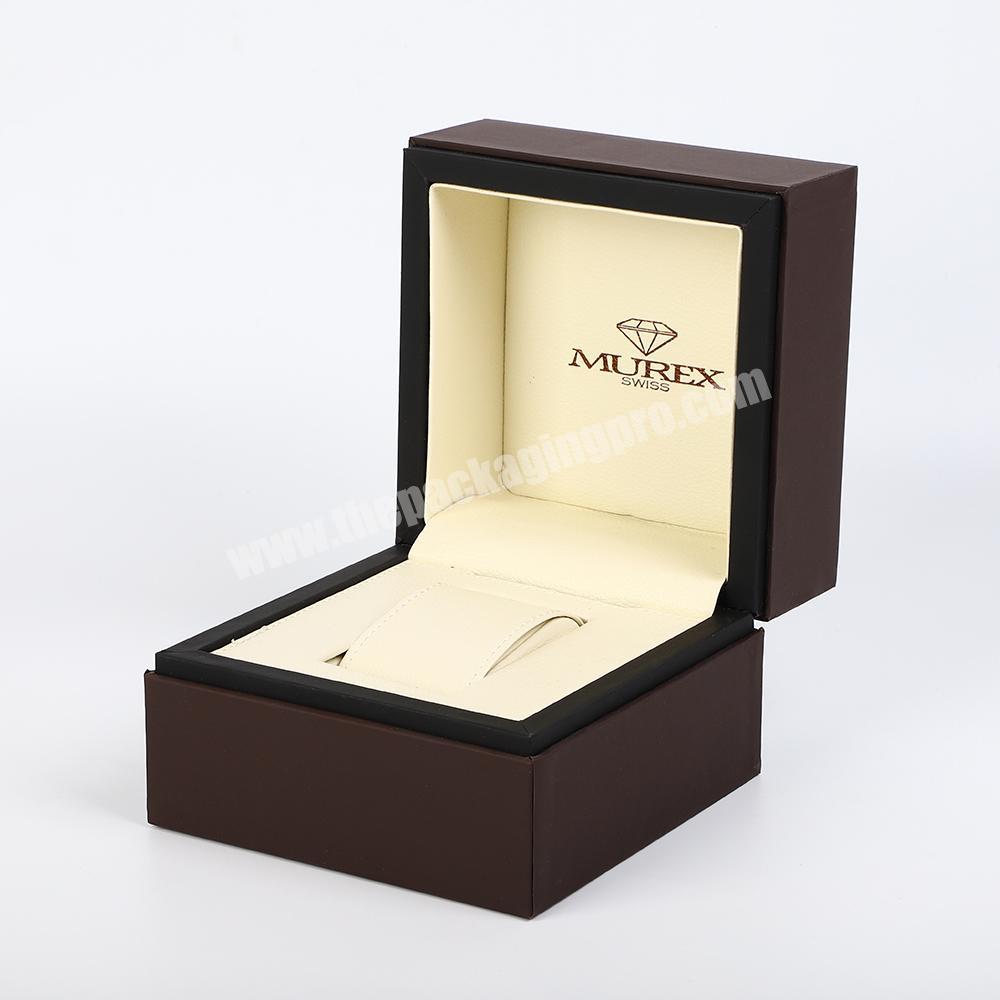 Luxury handmade Plastic single Watch box wrapped by dark blue leather outside and cream color PU inside and C ring for watch